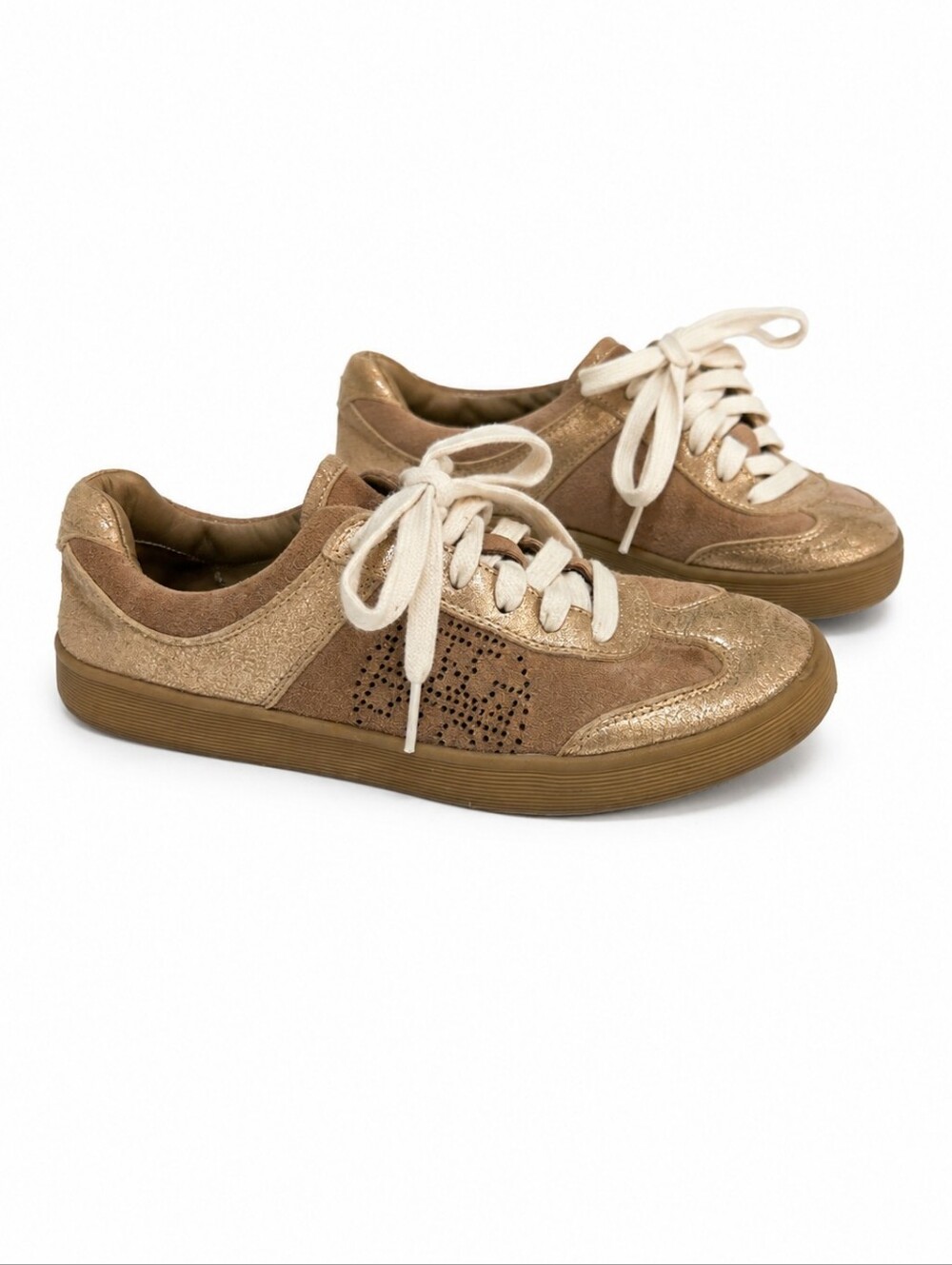 Tory Burch Beige/Gold Suede And Leather Perforated Logo Lace Up Size 6M